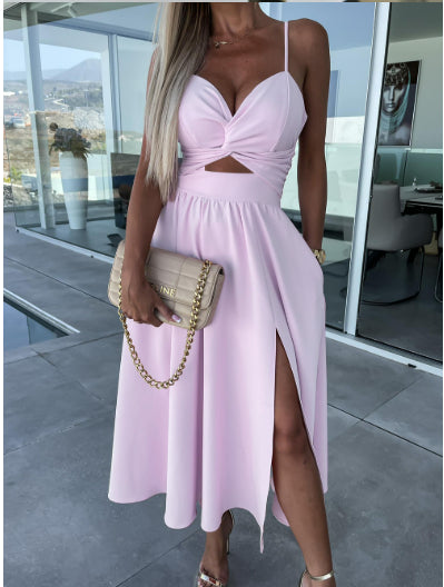 Midi dress with slit and pocket