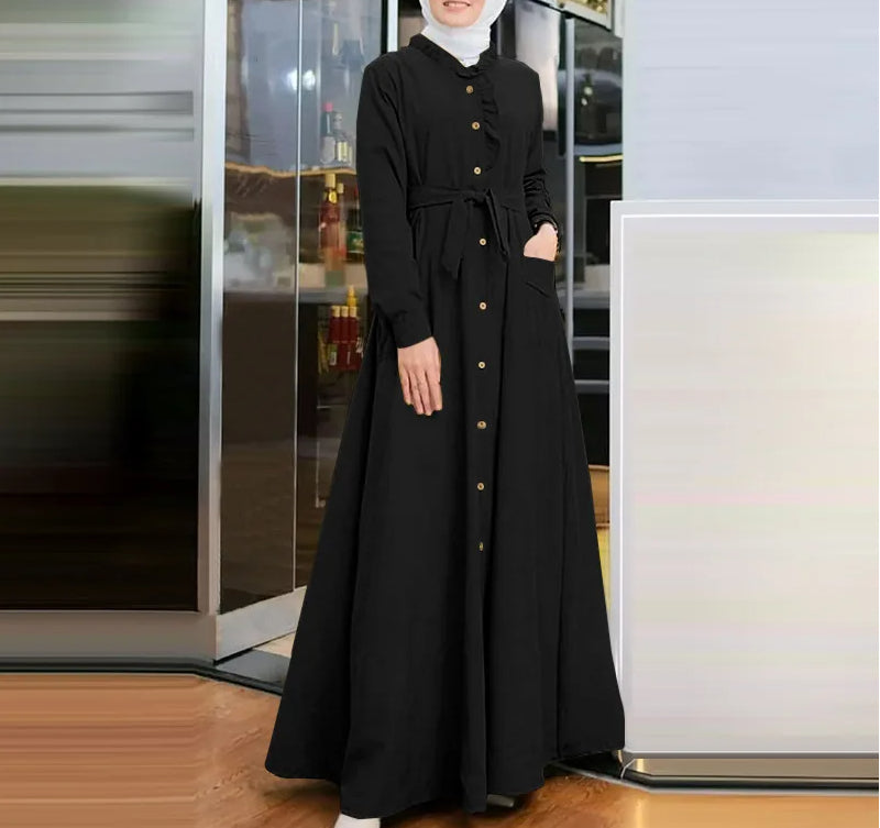 Arab Style Lace-up Maxi Dress Plain Long Dresses
