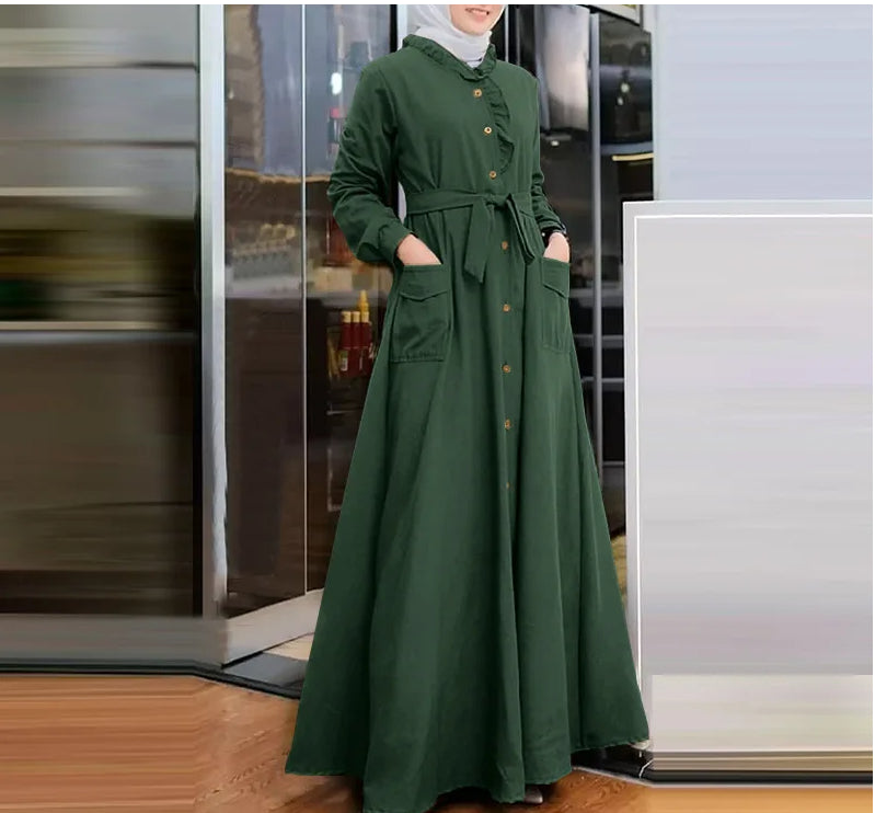 Arab Style Lace-up Maxi Dress Plain Long Dresses