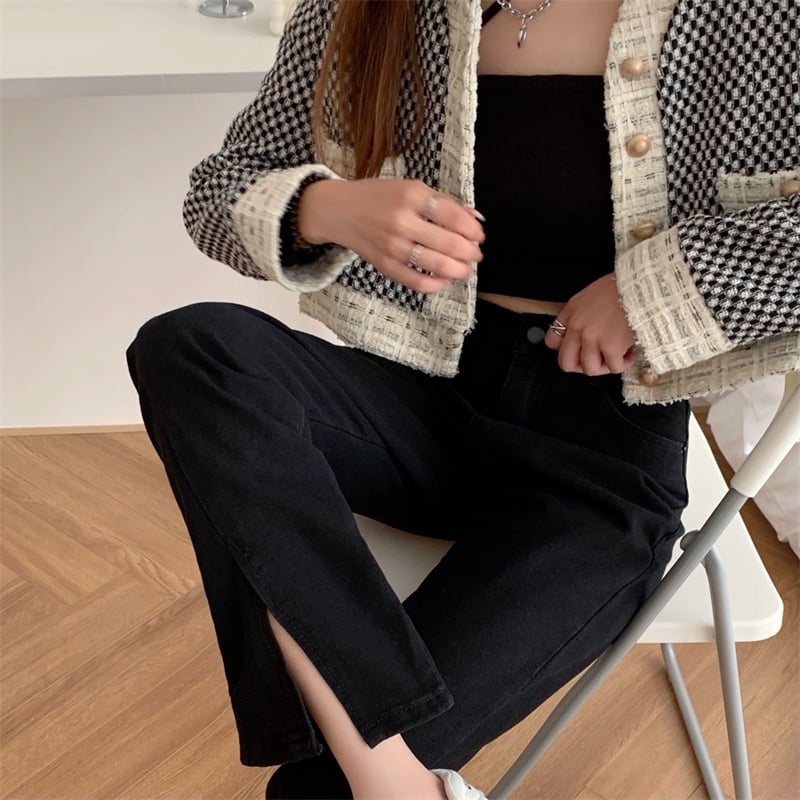 Black split jeans with high waist and micro flare