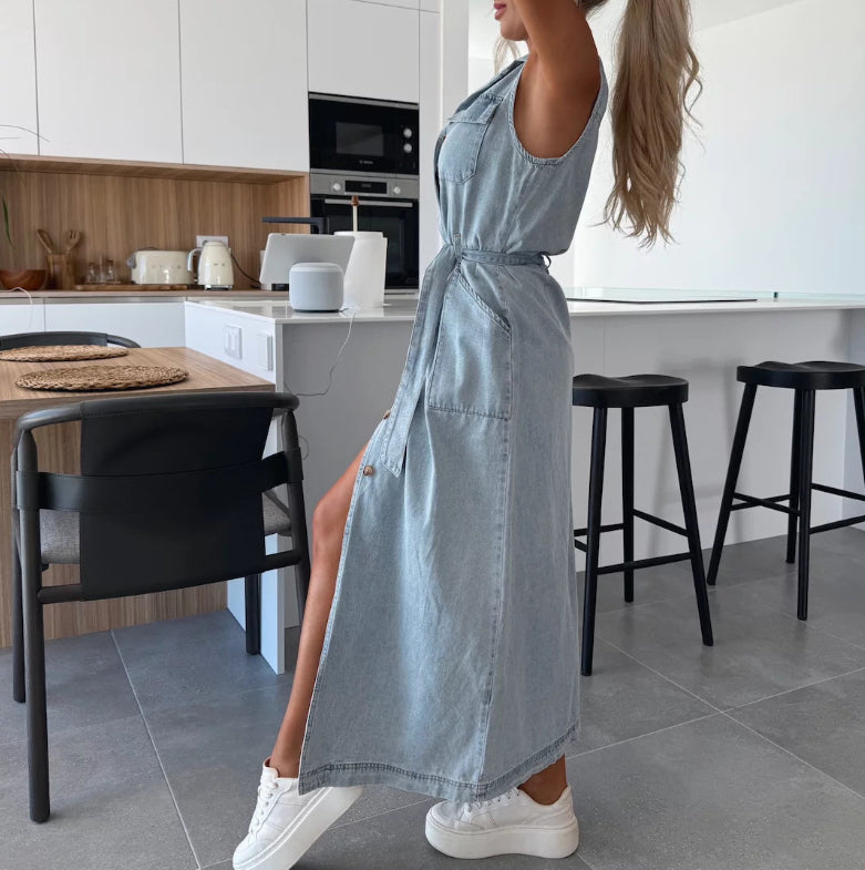 Sleeveless Long Tie Waist Single Breasted Denim Dress