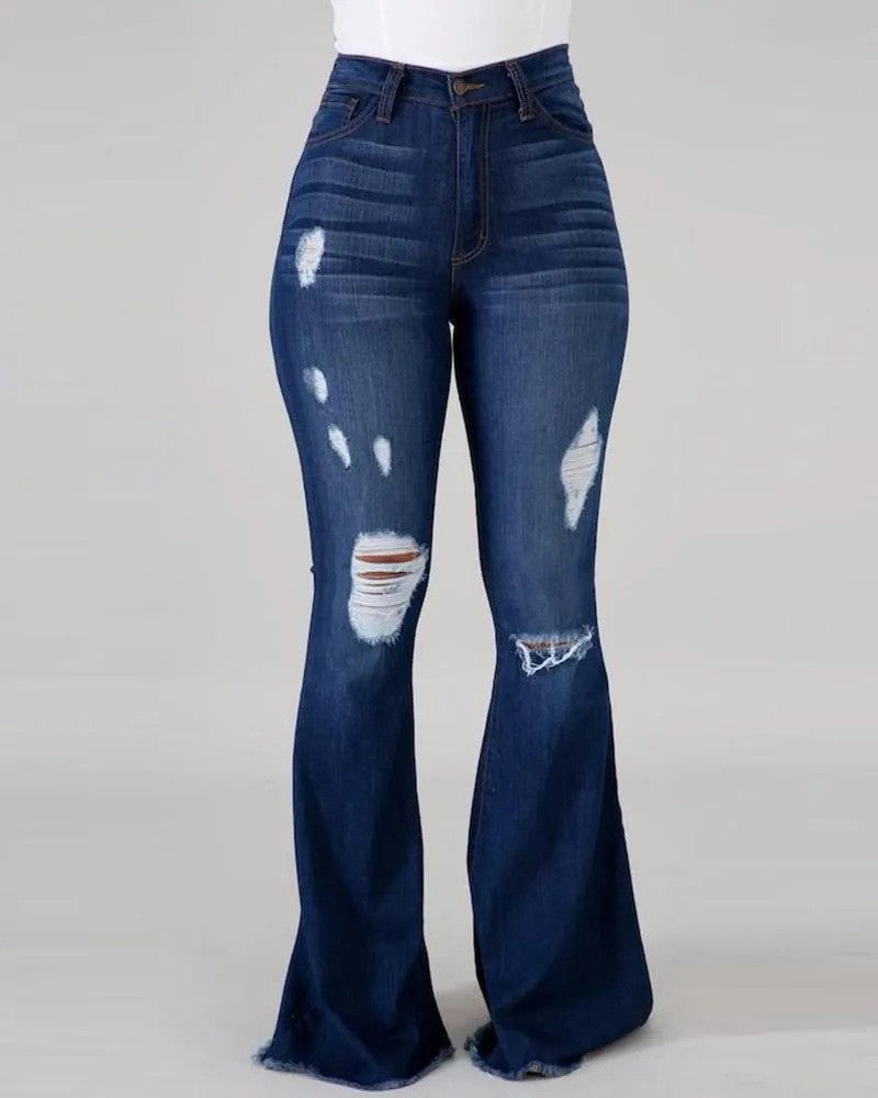 High-waisted distressed flare jeans