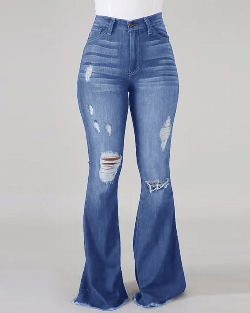 High-waisted distressed flare jeans