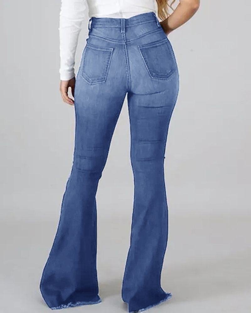 High-waisted distressed flare jeans