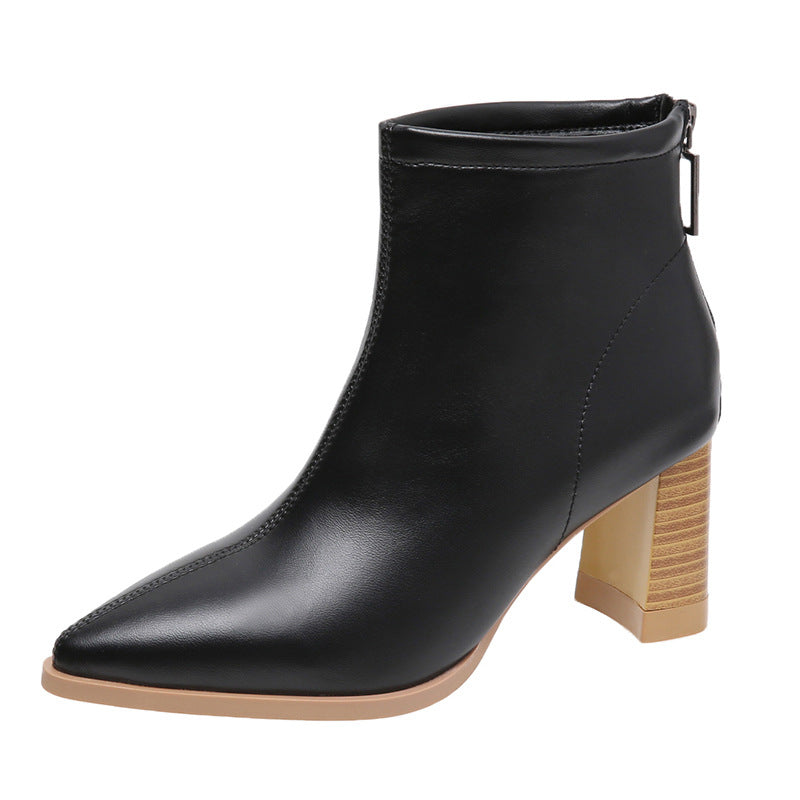 Women's pointy toe boots with thick heel and back zipper