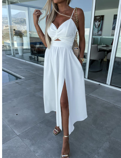 Midi dress with slit and pocket